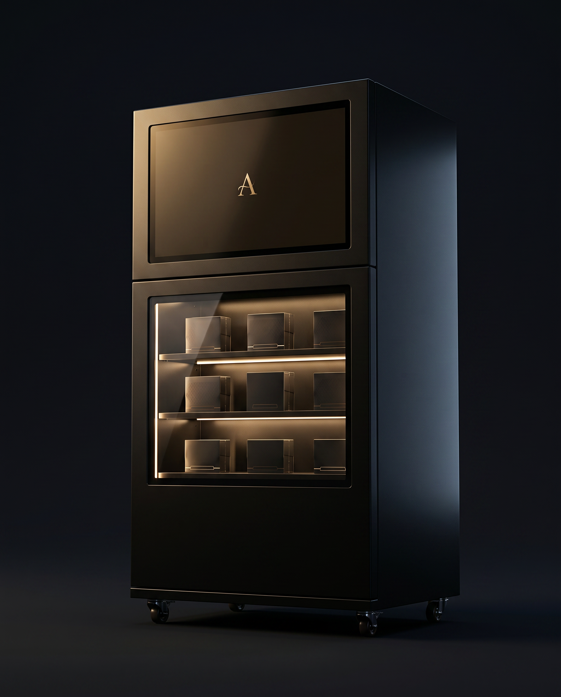 The Alchemist Cabinet — matte black fixture with illuminated interior